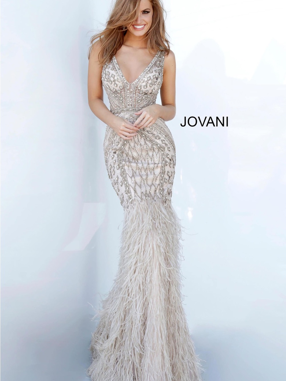 Jovani Champagne-Beige Beaded Feather Mermaid Gown